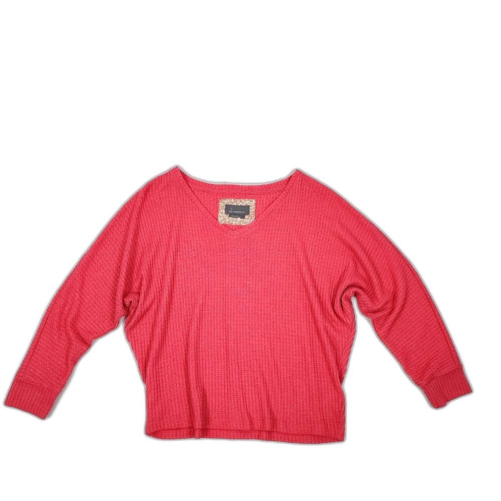 Anthropologie Waffle Top Coral Watermelon V-Neck Dolman Sleeve Shirt Blouse Sz S